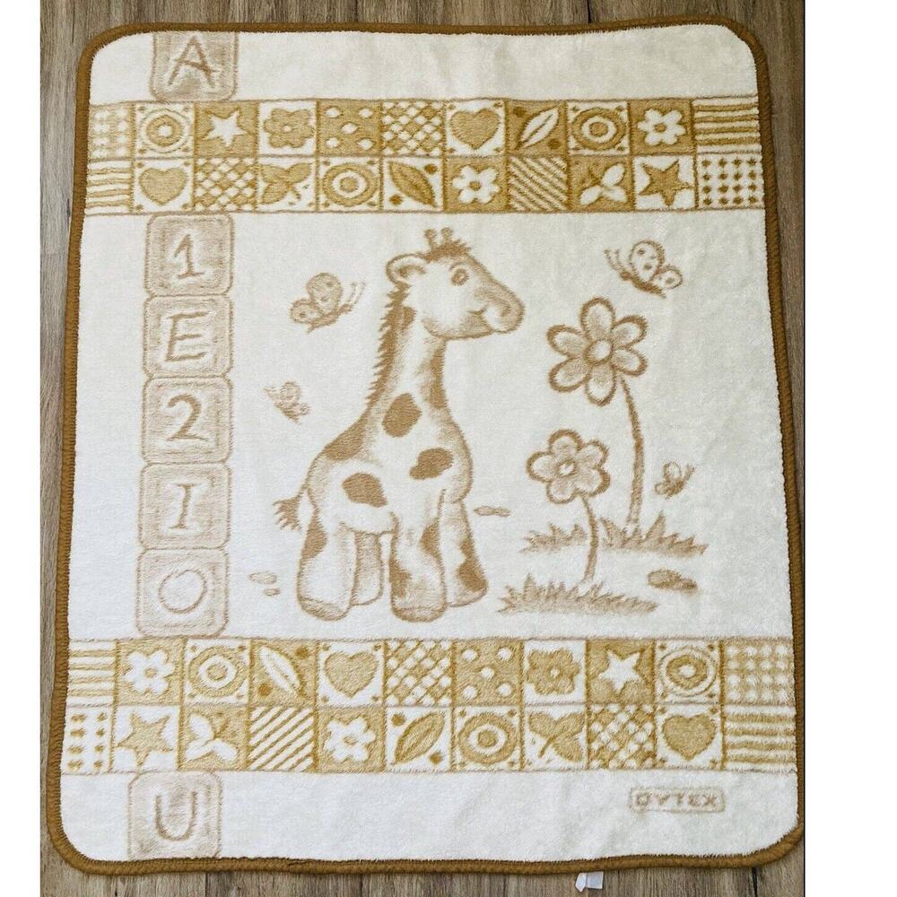 Vtg Plush Baby Blanket Giraffe ABC Neutral Tan Natural Thick Soft Trim Butterfly